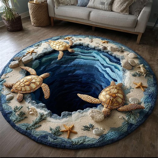3D Sea Turtle Round Rug, Ocean Hole Illusion Carpet, Coastal Beach Turtle Floor Mat, Marine Life Decor Rug, Underwater Cave Optical Rug - Etsy