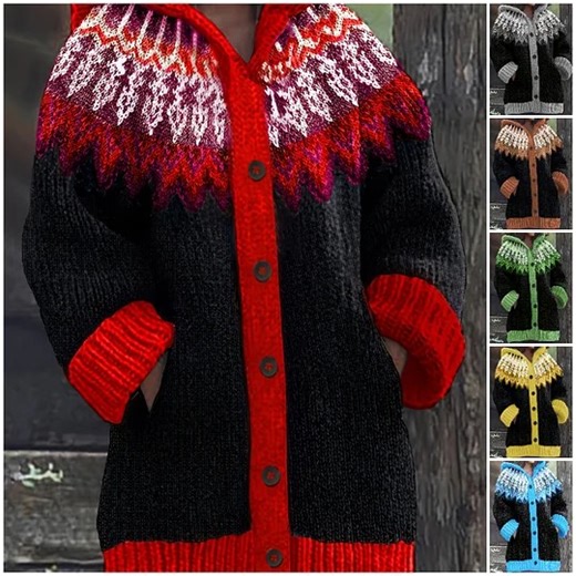 🔥【S~5XL】🧶🍂 Novinka pro podzim/zimu 2025: Elegantní bunda s kapucí v retro stylu, dostupná v různých barvách✨ ☁️Úplet je teplý a měkký, pohodlný na nošení na podzim i v zimě a je šetrný k pokožce. ✨Kapuce a etnický potisk jí dodávají jedinečný charakter, jako z retro časopisu; 👌Volný střih lichotí postavě a křivkám; 🍃Lze nosit přes svetr nebo samostatně pro ležérní retro vzhled; 👏Objednejte si včas a užijte si svůj nový oblíbený kousek ještě rychleji! | Cukier