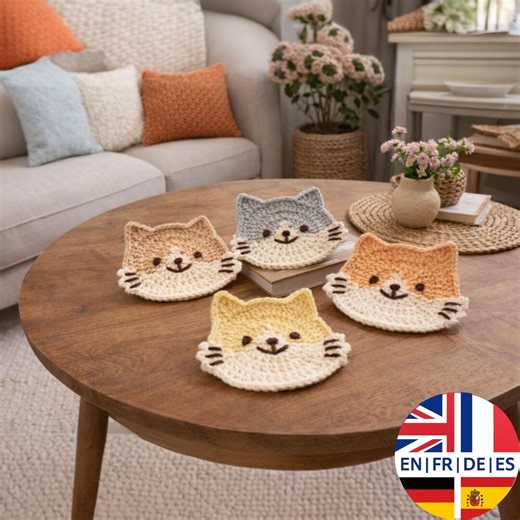 Crochet Cat Face Coaster Pattern – Cute Kitty Mug Rug PDF – Beginner Friendly – 4 Languages - Etsy