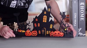 16 Pcs Halloween Decoration - 15.7 x 8.6 Inch Wooden Table Centerpieces - Haunted House, Witch, Pumpkin, Grave, Cat - DIY Tabletop Centerpiece for Indoor Halloween Party Decor