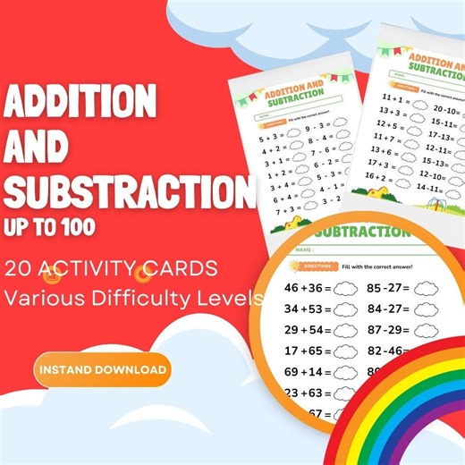 Addition Subtraction Worksheets up to 100 | 20 Math Printables (PDF Download) - Etsy