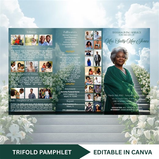 Green Trifold Funeral Pamphlet Template | Editable Canva Memorial Brochure | Celebration of Life Booklet - Etsy