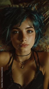 Young Woman with Short Messy Blue Hair Lying on Bed, Front View