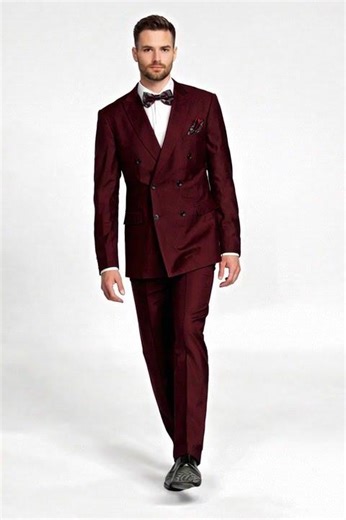 Men's Designer Double Breasted Wool Suit in Burgundy