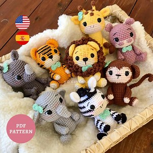 E-book Crochet Pattern Amigurumi Zoo Safari Animals Pack: Lion, Giraffe, Zebra, Elephant, Rhino, Monkey, Hippo and Tiger (english) - Etsy