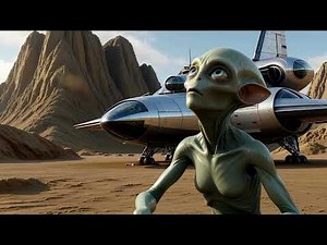 Alien Creature Sitting on Desert Planet with Futuristic Spaceship in Background, Sci-Fi