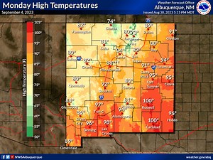 Labor Day weekend forecast - upper level high pressure will move over NM Thur & then push E. This will allow for above normal high temps for the weekend. Areas in E NM will push 100° or more with mid 90s in the RGV. Be aware of heat impacts & take it easy. So any chances of rain? Well with the upper level high - not much of a chance but a moisture plume will set up over AZ Fri into the weekend. So the higher chances will be over W NM from the Gila to Four Corners. Generally isolated storms in hi