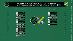 In einer Stunde geht unser Spiel in der zweiten Runde des UNIQA ÖFB Cups los - das ist die Aufstellung gegen den SV Stripfing: Knaller - Köchl, Hupfauf, Grujcic, Kofler - Viteritti, Gallé, Conte, Zaizen - Ronivaldo, Jamnig Bank: Eckmayr, Martic, Gründler, Wallner, Kopp, Doski, Joao Luiz Stream: https://oefb.tv/live | FC Wacker Innsbruck