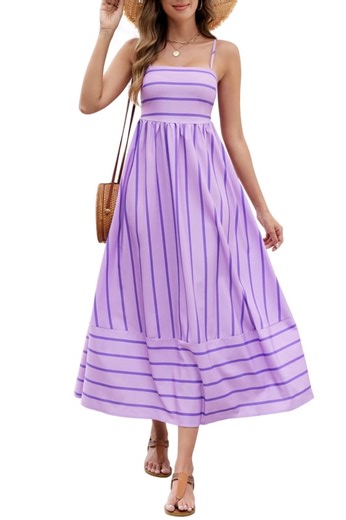 HVEOO Women's Striped Maxi Dress Summer Spaghetti Strap Sleeveless Ruffle Hem Flowy Boho Beach Dress, Purple