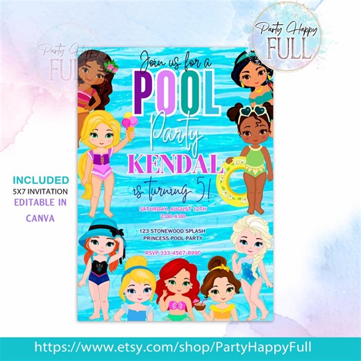 EDITABLE, Pool Party Princess Invitation Summer Birthday Party Princess Pool Party Princess Invitation, Princess Birthday, Pool Party - Etsy