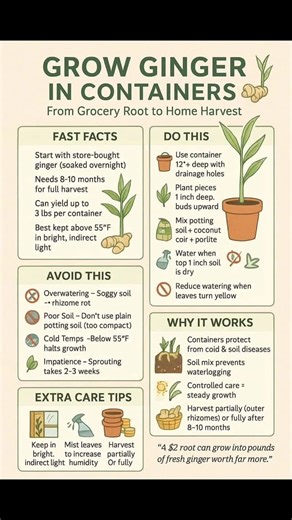 Grow Ginger in Containers from grocery root to home harvest To grow ginger from a grocery root, select a firm rhizome with visible "eyes," soak it for 24 hours to remove growth inhibitors, and plant it in a wide, shallow container filled with well-draining potting mix, keeping the shoots pointed up and just below the soil surface. Once planted, keep the container in a warm location, water sparingly to avoid rot, and wait for sprouts to emerge, which can take several weeks. | DIY Gardening & Bett