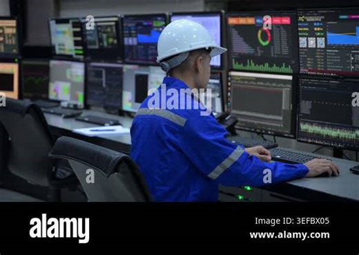 Industrial Control Room Operator - Engineer Monitoring System Data on Screens and Tablet in Power Plant Stock Video Footage - Alamy