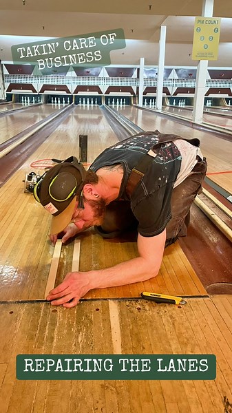 Takin’ care of business repairing the lanes! 2 full days of sawing, routing, filling, staining, taping, finishing, and sanding away the uneven boards. The next perfect game awaits!