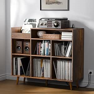 Cozy Castle Large Record Player Stand with Vinyl Storage Cabinet, Wood Turntable Table Open Shelf Holder Up to 500 Albums Cube Storage Organizer for Living Room, Office, Rustic Brown