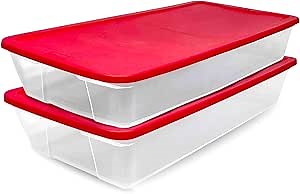 HOMZ 2-Pack Holiday Tote, Clear Plastic Storage Organizer Bins with Lids, 41 Quart, Red - Stackable Organizing Containers for Christmas Ornament Decorations, Gift Wraps, and Crafts