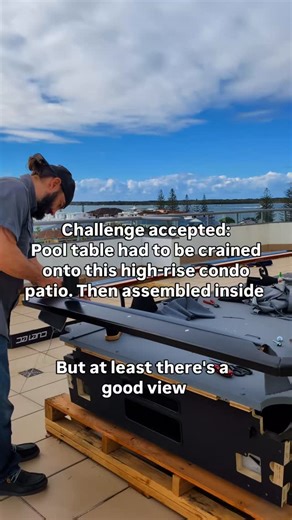 Not your average install. This table came in by crane onto a high-rise patio, then had to be moved and assembled inside the condo. Different logistics, same standards. Every piece handled with care, slate aligned and leveled, and the end result plays exactly how it should. Sometimes the job comes with extra steps — and sometimes it comes with a view. 🎱 👉 Need your pool table moved, recovered or serviced? DM me! Zach Pool Table Mechanic | Installation • Recovery • Service TableFitters.com Will 