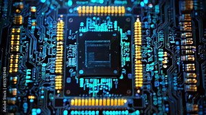 A close-up of a computer circuit board with a central processing unit (CPU) chip. The CPU is surrounded by capacitors and resistors.