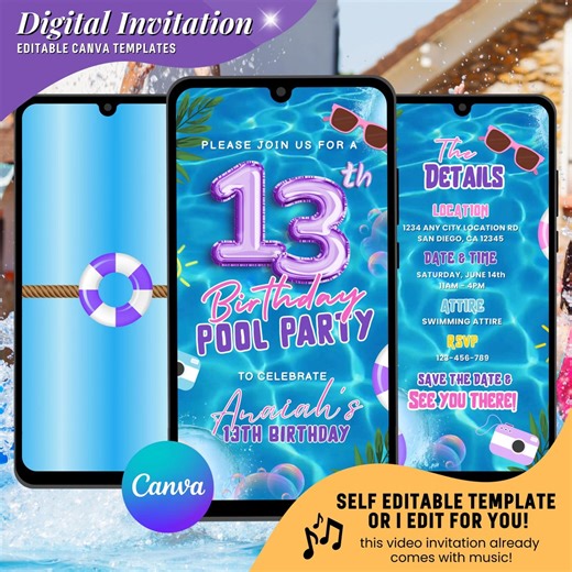 13th Birthday Pool Party Invitation, Pink and Purple Theme Editable Digital Invites : Instant Download - Etsy