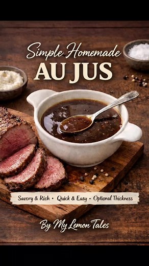Simple Homemade Au Jus Ingredients: 2 tbsp butter 2 cups beef broth 1 tbsp mushroom sauce or Worcestershire sauce 1 tsp black pepper Optional: 1 tsp slurry (cornstarch water), for desired thickness Instructions: In a small saucepan, melt the butter over medium heat. Add the beef broth and bring to a gentle simmer. Stir in the mushroom sauce (or Worcestershire) and black pepper. Optional: Slowly whisk in the slurry until the au jus reaches your desired thickness. Simmer for 1–2 minutes, then remo