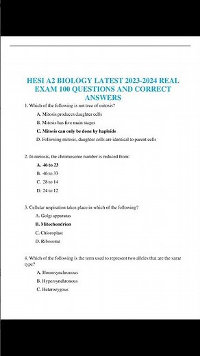HESI A2 BIOLOGY LATEST 2023 2024 REAL EXAM 100 QUESTIONS AND CORRECT ANSWERS