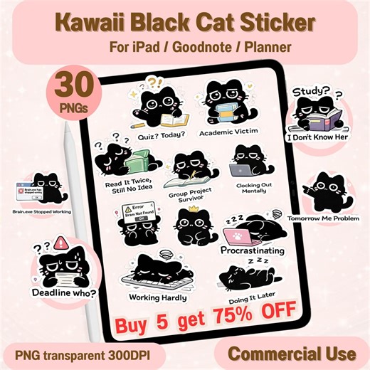 Black Cat Study Stickers PNG Bundle | 30 Academic Digital Planner Graphics - Etsy