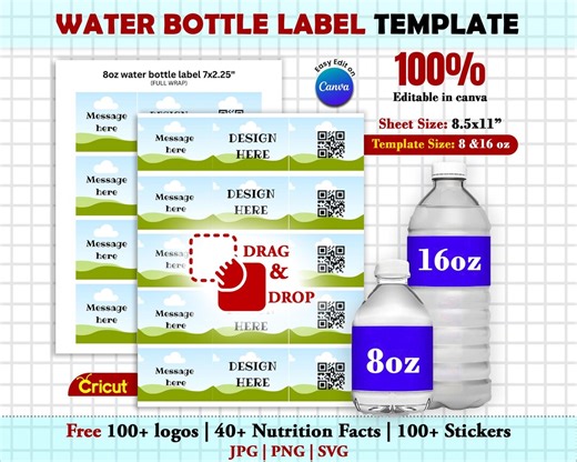 Water Bottle Label Blank Template (8 - 16)oz, Water Bottle Wrapper , Water Bottle Sticker, DIY Label Template Canva, PDF, SVG, Png,jpg - Etsy Australia
