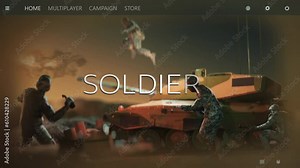 Trooper selection screen interface in the military combat game. Selecting the tactical assault female warrior in the combat game. Selecting a hero for a single player mission in a fps combat game.
