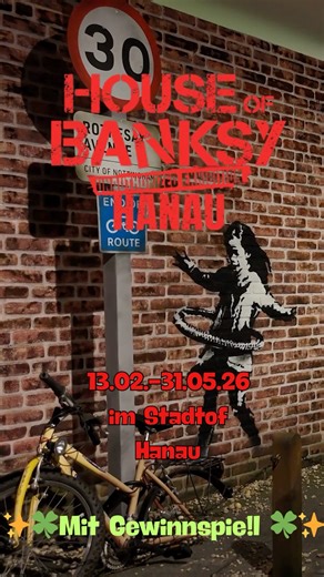 Veranstaltungen in Frankfurt on Instagram: "-Anzeige+Gewinnspiel- 🎨🔥 BANKSY-VIBES IN HANAU! Die neue Pop-Up-Ausstellung House of Banksy ist ab Fr, 13.2. in Hanau. Tauche ein in die Welt von Street Art, starken Statements & ikonischen Motiven 🖤💥 🎨🔥 Fr 13.2. – 31.5. Pop-Up-Ausstellung House of Banksy 🕒 Do/Fr/Sa: 10 – 20 Uhr Mi/So & Feiertage: 10 – 18 Uhr Letzter Einlass: Eine Stunde vor Ausstellungsende 🖼️ 🎥 150+ Werke & Installationen: Graffiti · Fotos · Videos · Skulpturen Gewinnspiel �