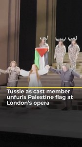 636K views · 20K reactions | A cast member of Verdi's opera Il Trovatore unfurled a Palestinian flag on stage at London's Royal Opera House, despite attempts from someone backstage to take it away. A spokesperson for the Royal Ballet and Opera called it a “wholly inappropriate act.” | Al Jazeera English | Facebook