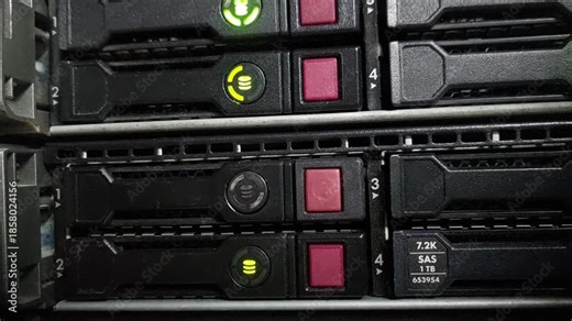 Close-up footage of green rotating LED indicator lights on server storage, signaling active operation inside a modern data center room with advanced network and digital infrastructure.