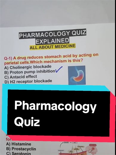 Question-1) A drug reduces stomach acid by acting on parietal cells Which mechanism is this?. B) Proton pump inhibition. Proton pump inhibitors directly block the Hydrogen potassium ATPase enzyme in parietal cells, stopping acid secretion. Question-2) An antibiotic kills bacteria by inhibiting cell wall synthesis Which structure is mainly affected?. C) Peptidoglycan. Bacterial cell walls are made of peptidoglycan; inhibition weakens the wall and causes bacterial lysis. Question-3) A drug prevent