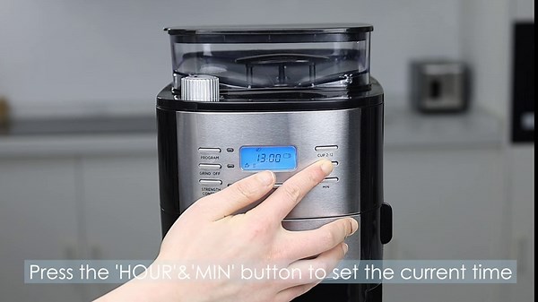 12 Cup Drip Coffee Maker with Built-In Burr Coffee Grinder, Programmable Coffee Machine with Timer, Glass Carafe, Reusable Filter, Warming Plate for Home and Office. 1.5L Water Tank