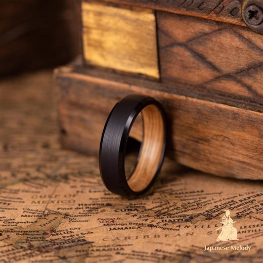 Men's Wedding Band — Black Tungsten Wood Ring, Japanese Style With Wood Inner Sleeve, Whiskey Barrel — TAKUMI - Etsy