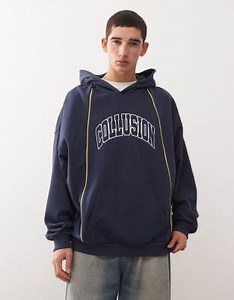 COLLUSION boxy oversized logo hoodie with piping in navy | ASOS