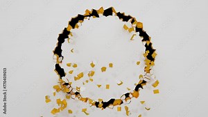 wall surface circle cracks and breaks into pieces along the path for title and logo template voronoi, white yellow black alpha