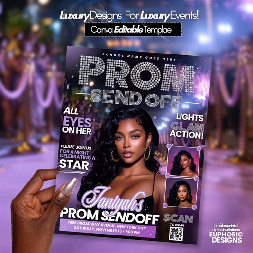 Prom Send off Magazine Invitation, Purple Diamond Girl Glam Prom Queen Party, Luxury Editable Canva Template - Etsy