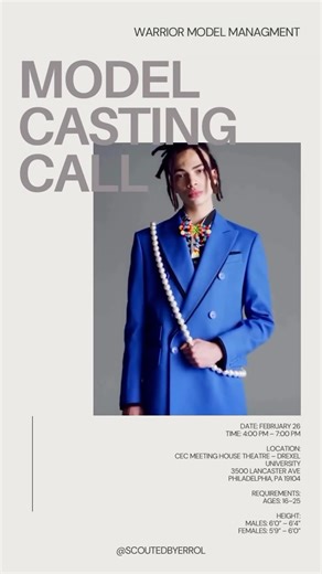Aero on Instagram: "NYFW CASTING CALL — UNSIGNED MODELS ONLY We are casting unsigned models for an exclusive opportunity connected to New York Fashion Week. Selected models may be scouted and signed with a top modeling agency and have the chance to walk for a major brand. Date: February 26 Time: 4:00 PM – 7:00 PM Location: CEC Meeting House Theatre – Drexel University 3500 Lancaster Ave Philadelphia, PA 19104 Requirements: • Ages: 16–25 • Height: • Males: 6’0” – 6’4” • Females: 5’9” – 6’0” • Mus