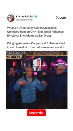 Kristin Sokoloff - Political Commentator on Instagram: "FOLLOW @ksokconservative FOR AMERICA FIRST CONTENT. 💃🏼🇺🇸👉🏽Drunk Andy Cohen Unleashes Unhinged Rant on CNN, Bids Good Riddance to Ex-Mayor Eric Adams as Ball Drops. 👇🏽 Moments after midnight, the boozy Bravo host mocked Adams’ “chaotic” term and dropped charges—while a cringing Anderson Cooper tried in vain to reel him in."