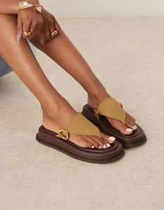 ASOS DESIGN Fergie toe thong flatform mules with hardware in khaki | ASOS