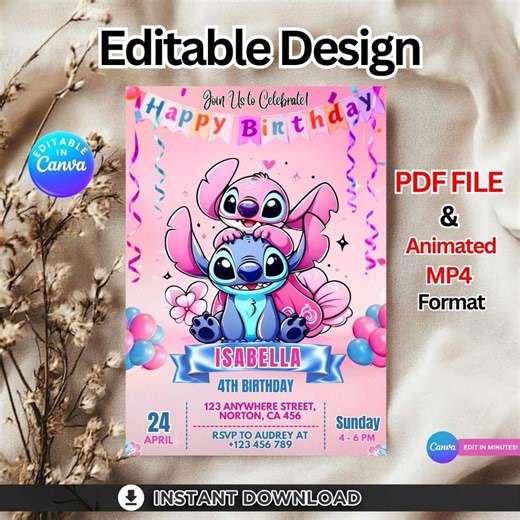 Stitch & Angel Birthday Invitation Template: Editable Kids Party Invite | Rainbow Girl Party Invite (digital Download) - Etsy