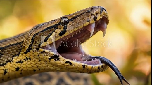 Extreme closeup of a venomous snake with mouth wide open showing sharp fangs and flicking tongue