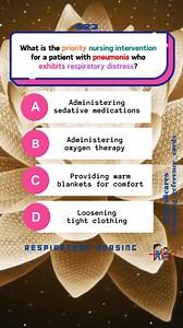 What is the priority nursing intervention for a patient with pneumonia who exhibits respiratory distress? * * * * * * * * #nurses #doctors #nursing #medical #nurseexam #NCLEX #nclexreview #nclexrn #registerednurse #medicaldoctor #medicine #studentlife #exam #exampreparation #nclexprep #nursingstudent #medicalstudent #RN #NMC #NGN #PNLE #NLE #USRN #RN #rnlife #nursinglife #fbreels #fypシ゚ @highlight @followers @everyone | Nursing Reference Cards