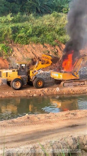 The loader uses its bucket to carry water for fire extinguishing.