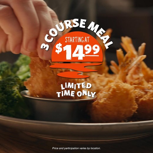 3 cheers for 3 courses! Enjoy a soup or salad, your choice of a select entrée and a scrumptious slice of cheesecake starting at just $14.99 for a limited time. | Outback Steakhouse - National