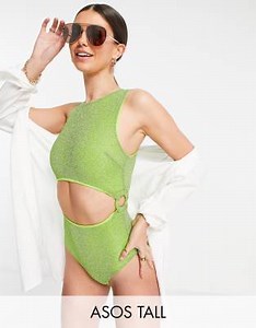 ASOS DESIGN Tall ring side swimsuit in green glitter | ASOS
