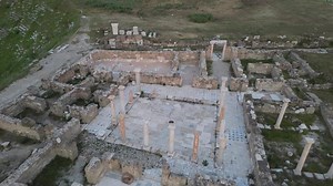 Ancient ruins of Laodicea captured from ascending drone flight