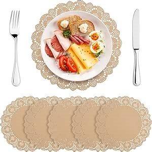 100 Sheets Table Pads, 13.5 Inch Round Lace Mats, Decorative Doilies, Disposable Placemats, Paper Mats for Food, Cakes, Crafts, Party, Weddings - Brown