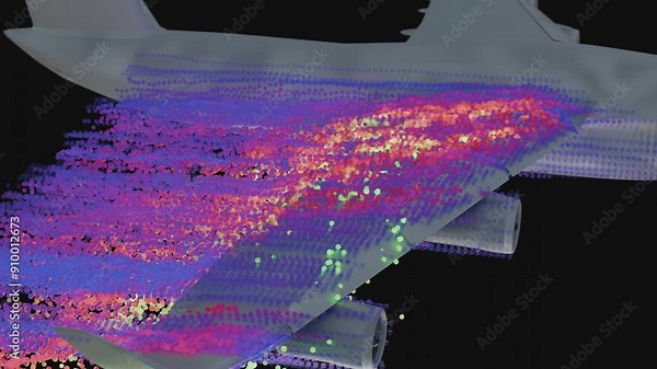 video showing airplane aerodynamic flight physics with airflow patterns, colorful streamlines of air flows around plane body, wings and motors. trials in wind tunnel