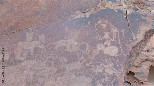 a zoom in clip on african rock art of various animals and symbols including two rhinos at twyfelfontein in namibia, africa