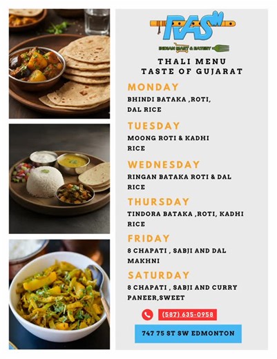 RAS Indian Mart & Eatery on Instagram: "Weekly Menu | RAS Tiffin Service – Taste of Gujarat ✨ Enjoy wholesome Gujarati home-style meals, prepared with light and balanced flavors for everyday comfort. 📍 747 75 St, SW Edmonton ✔️ Freshly made ✔️ Traditional Gujarati recipes ✔️ Authentic home-style meals #rasindianmartandeatery #yeg #edmontoneats #indiantiffinservice #gujaratifood"